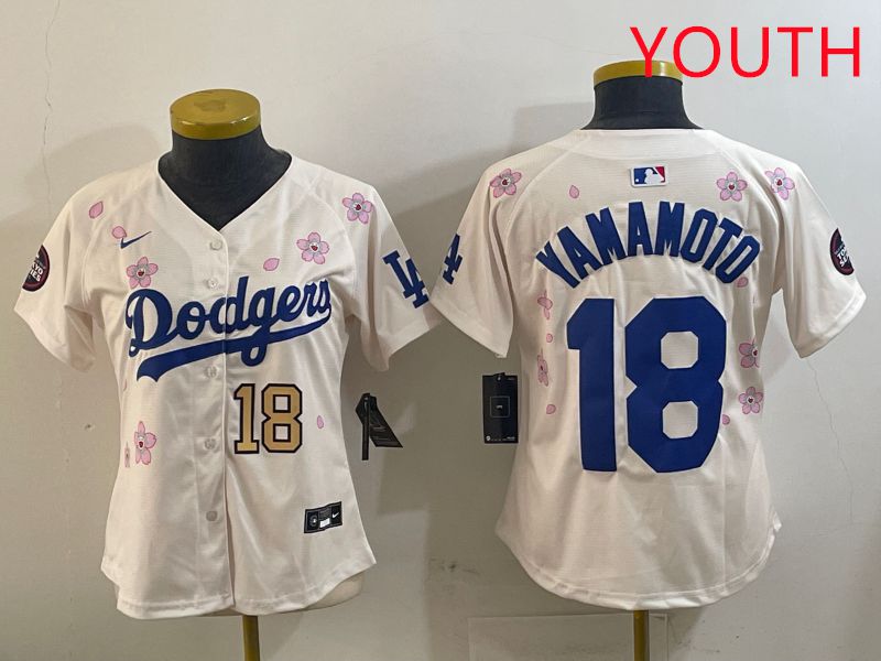Youth Los Angeles Dodgers #18 Yamamoto Cream Sakura Edition 2025 Nike MLB Jersey style 13->youth mlb jersey->Youth Jersey